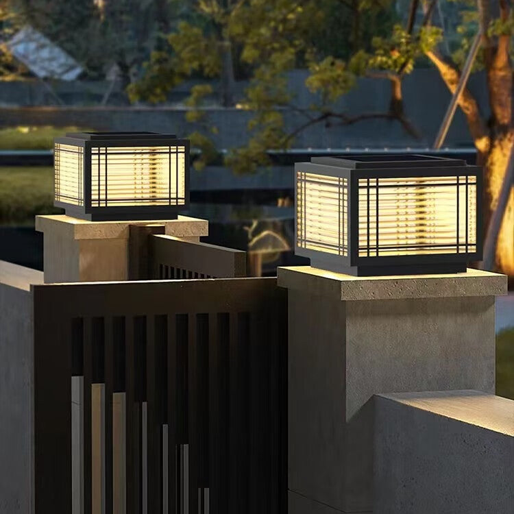Tradisjonelt kinesisk kvadrat aluminium glass 1-lampe post hode lys for hage | Skanto