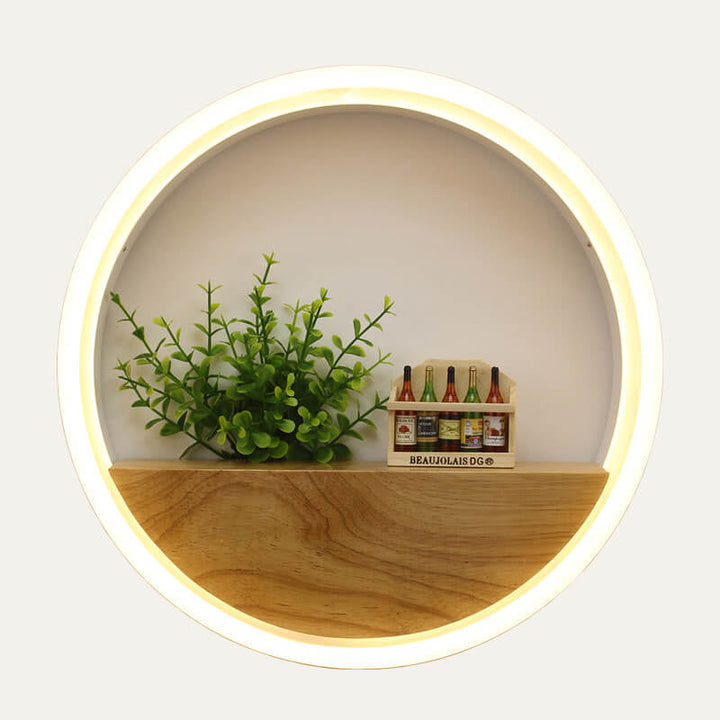 Skanto | Lumoshelf LED Vegglampe | Massiv Trematerial med Hylle | Rund Vegglampe | Varm & Hvit Lys