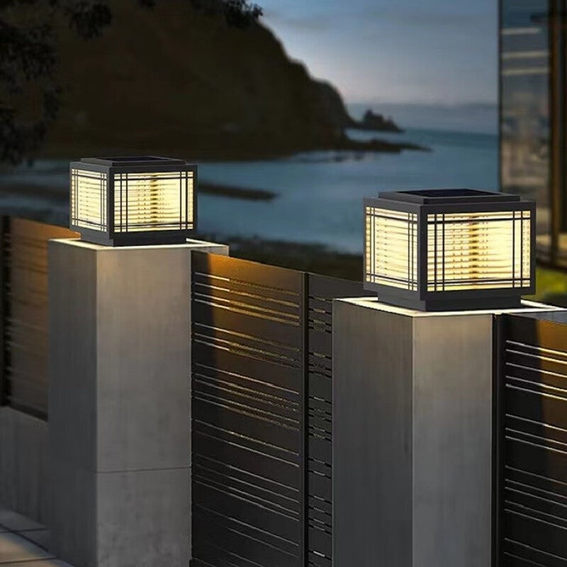 Tradisjonelt kinesisk kvadrat aluminium glass 1-lampe post hode lys for hage | Skanto