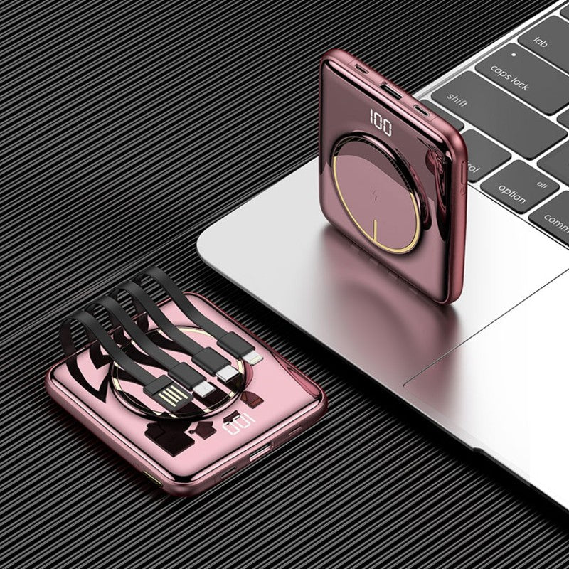 Skanto | 5-i-1 Bærbar Mini 20000mAh Power Bank, med Kablet/Drahtløs Lading, 4 Innebygde Kabler & Super Slank Design, for Telefon, Nettbrett & Mer