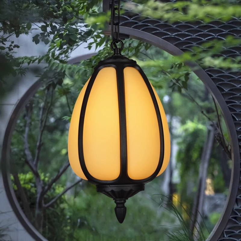 Tradisjonell kinesisk vanntett aluminium PC dolomitt elliptisk gresskar 1-lampe pendellampe for utendørs terrasse | Skanto
