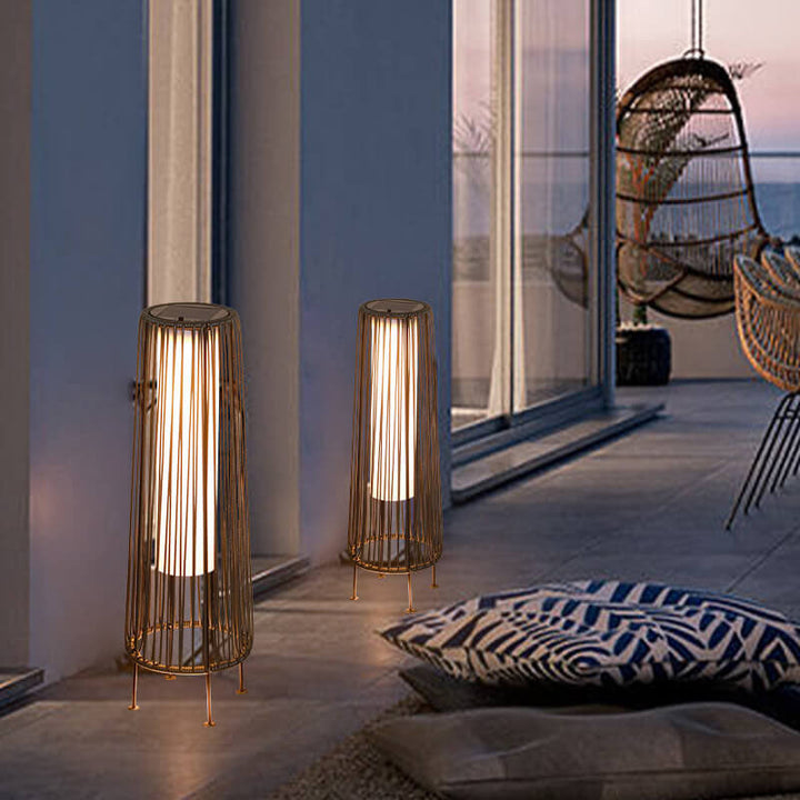 Moderne Shabby Chic Sol Runde Trapezoid Jern Rattan Wicker LED Utendørs Lys For Utendørs Patio | Skanto