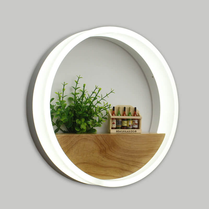 Skanto | Lumoshelf LED Vegglampe | Massiv Trematerial med Hylle | Rund Vegglampe | Varm & Hvit Lys