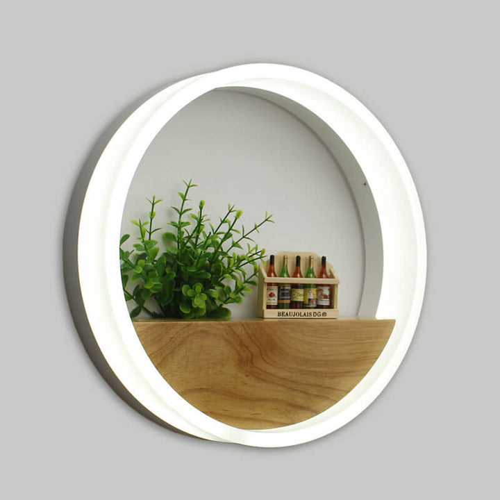 Skanto | Lumoshelf LED Vegglampe | Massiv Trematerial med Hylle | Rund Vegglampe | Varm & Hvit Lys