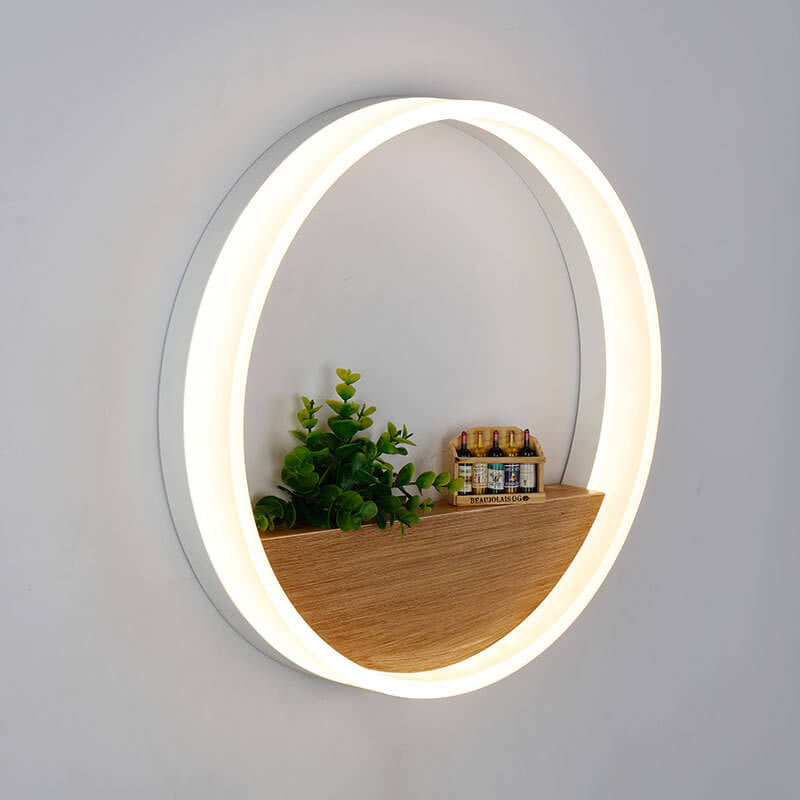 Skanto | Lumoshelf LED Vegglampe | Massiv Trematerial med Hylle | Rund Vegglampe | Varm & Hvit Lys