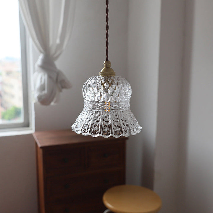 Skanto | Tradisjonell Fransk Messing Ruter Glass Blomst Form 1-Lys Pendellampe For Stue
