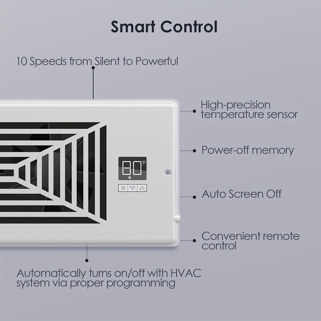 4" x 10" Smart Register Booster Fan – HVAC Byggevare med Fjernkontroll, Termostatkontroll – Stille Drift for Effektiv Oppvarming og Kjøling | Skanto