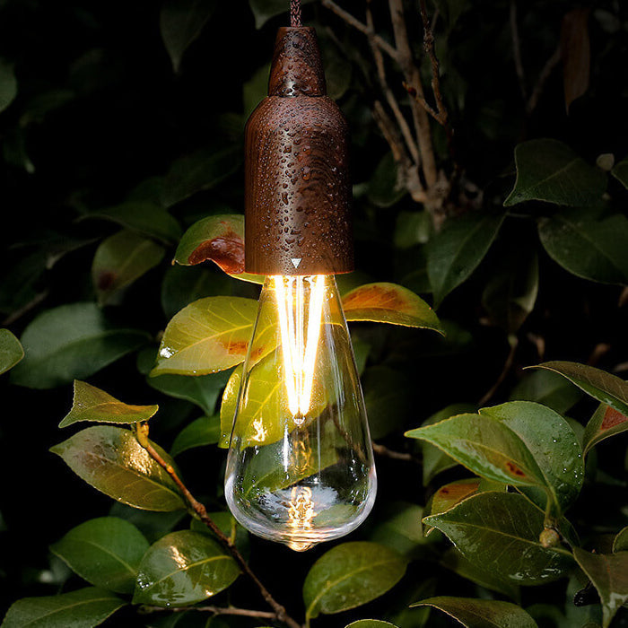 Retro bærbar, vanntett, rund trekjeglelampe med batteri og USB-tilkobling, 1 lyspære, ideell for camping og utendørsaktiviteter