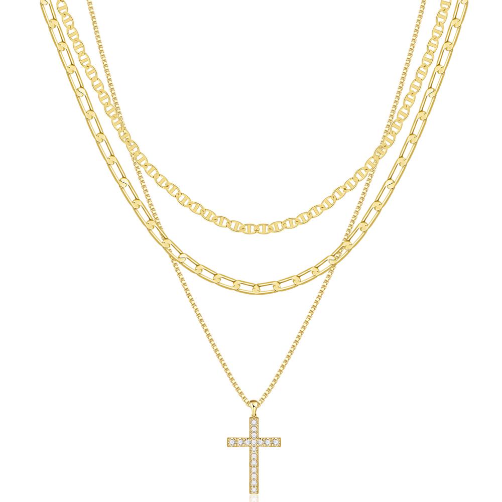 Skanto | 3pc 14k Laget Kors Halskjede Stabel