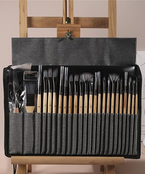 Skanto | Kunstnerpenselsett | 24 Nylonpensler med 7 former & palettkniv | Akryl, olje & akvarell
