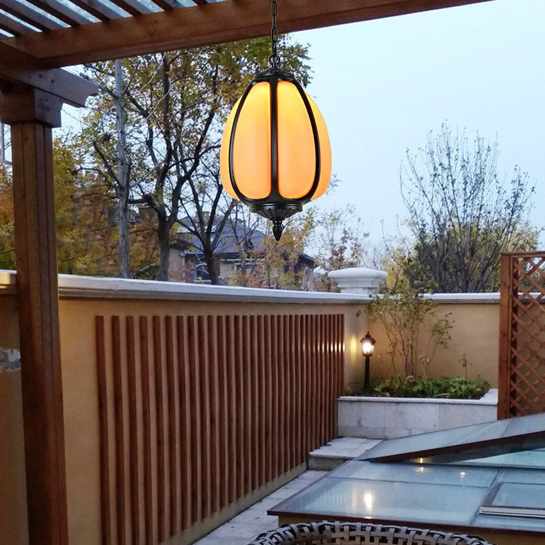 Tradisjonell kinesisk vanntett aluminium PC dolomitt elliptisk gresskar 1-lampe pendellampe for utendørs terrasse | Skanto