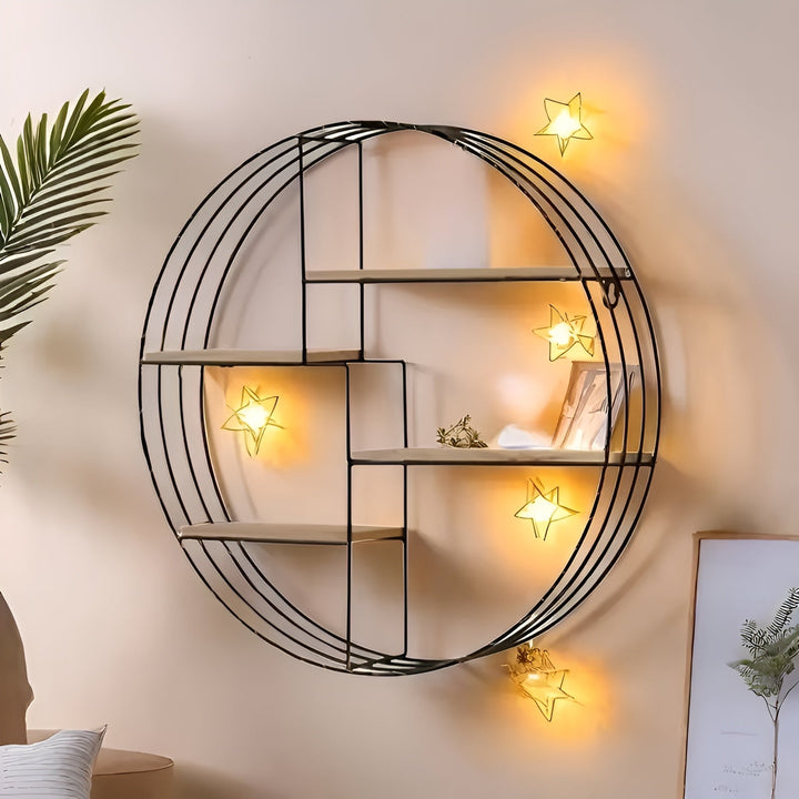 Rund Vegg hylle med 4 nivåer - Retro design laget av tre og metall | Dekorativ hengende hylle for stue, bad og soverom | Skanto
