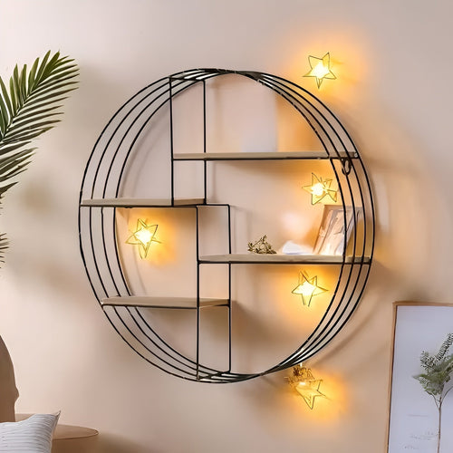 Rund Vegg hylle med 4 nivåer - Retro design laget av tre og metall | Dekorativ hengende hylle for stue, bad og soverom | Skanto