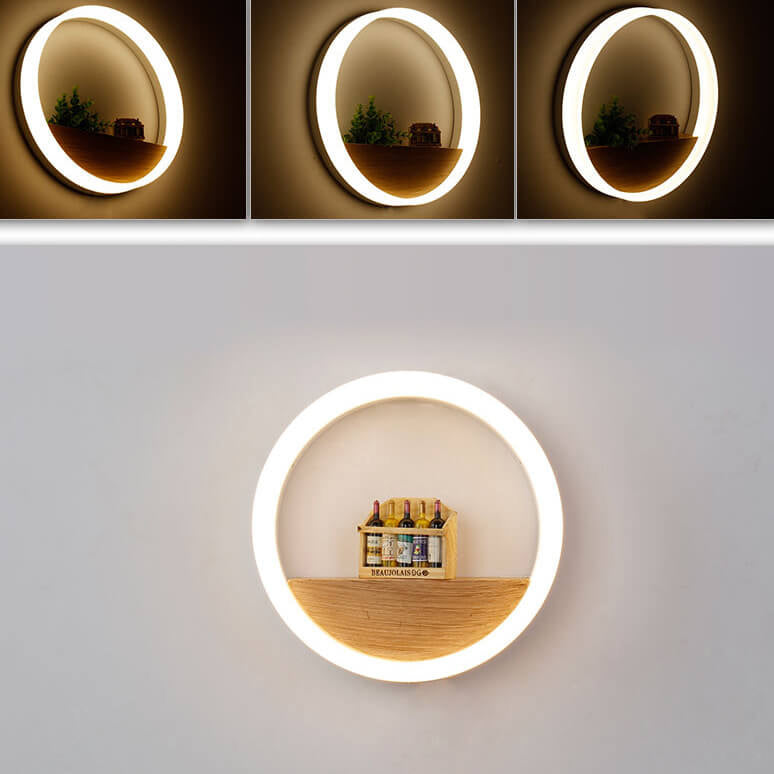 Skanto | Lumoshelf LED Vegglampe | Massiv Trematerial med Hylle | Rund Vegglampe | Varm & Hvit Lys