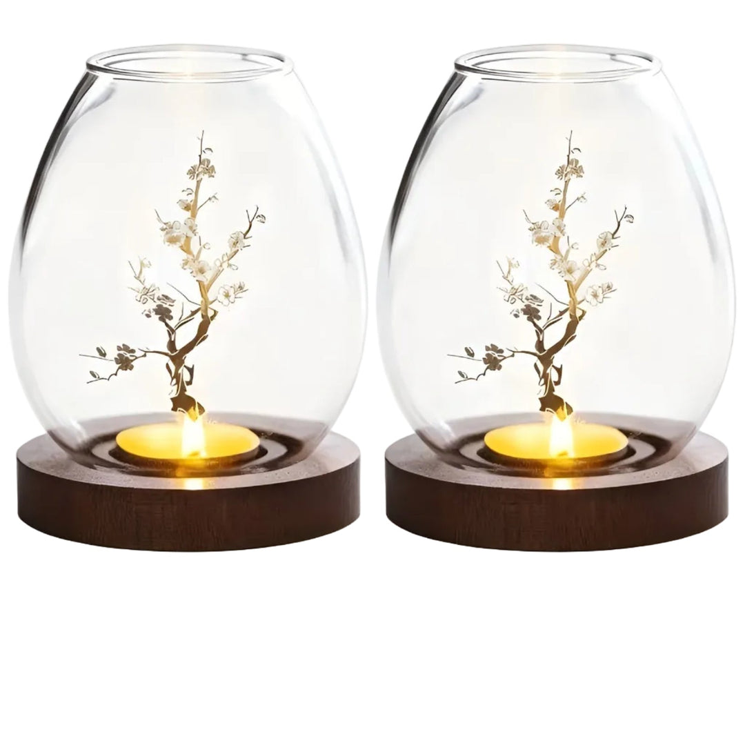 2-delt sett med lysestaker i glass med trebaser – dekorative i retro zen-stil | Perfekt for stuer, terrasser og uteområder