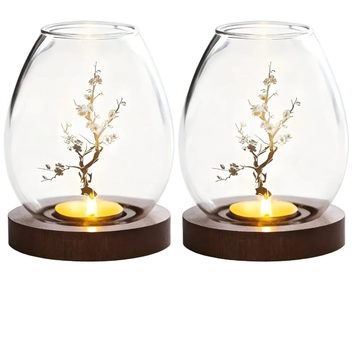 2-delt sett med lysestaker i glass med trebaser – dekorative i retro zen-stil | Perfekt for stuer, terrasser og uteområder