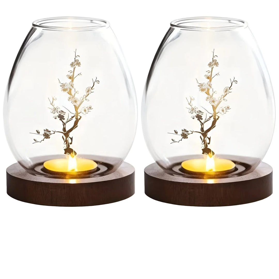 2-delt sett med lysestaker i glass med trebaser – dekorative i retro zen-stil | Perfekt for stuer, terrasser og uteområder