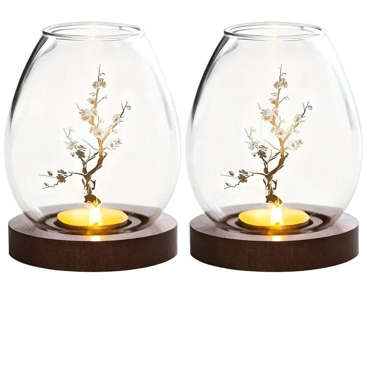 2-delt sett med lysestaker i glass med trebaser – dekorative i retro zen-stil | Perfekt for stuer, terrasser og uteområder