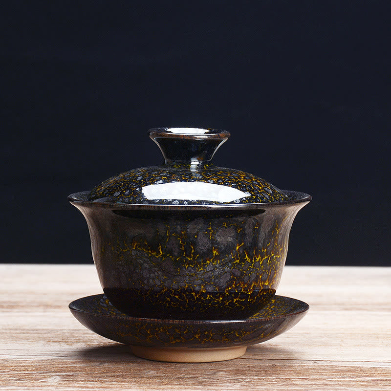 Skanto | Vintage Brennovn Keramisk Gaiwan Sancai Tekopp Tekopp og Tallerken med Lokk