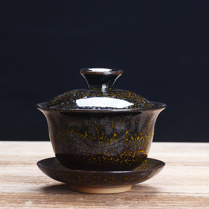 Skanto | Vintage Brennovn Keramisk Gaiwan Sancai Tekopp Tekopp og Tallerken med Lokk