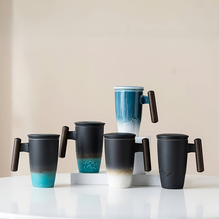 Skanto | TeaCraft Keramisk Kopp | Håndlaget | Med Te Filter og Trehåndtak | Retro Design