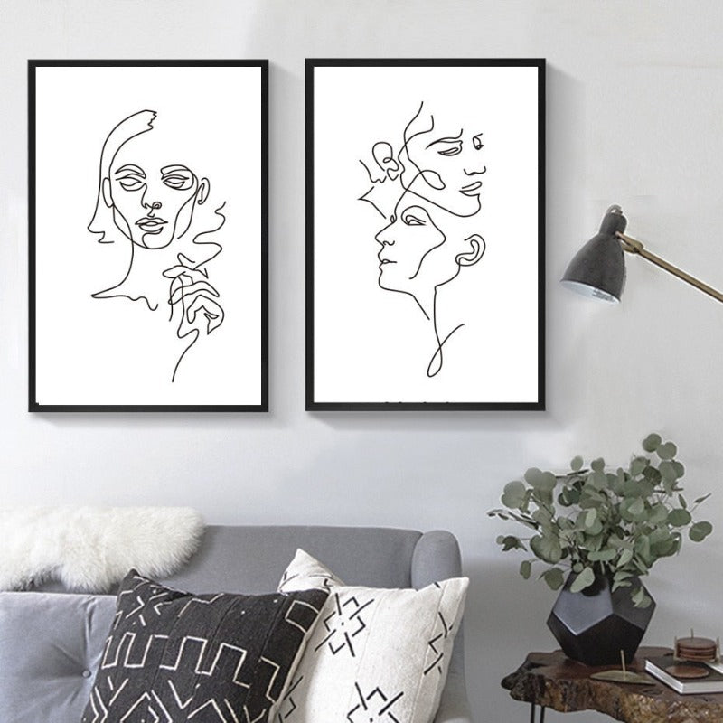 Abstract Love Kiss Svart og Hvit Linjer Plakat - Lerret Vegkunst Maleri | Skanto