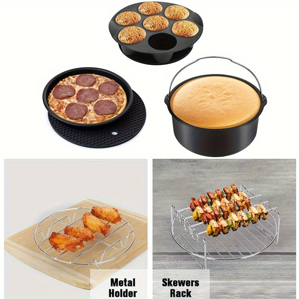 Skanto | 11-delt 8-tommers Air Fryer tilbehørsett - Kompatibel med 3,7QT - 6,8QT Air Fryer, BPA-fri, oppvaskmaskin sikker, non-stick med kokebok