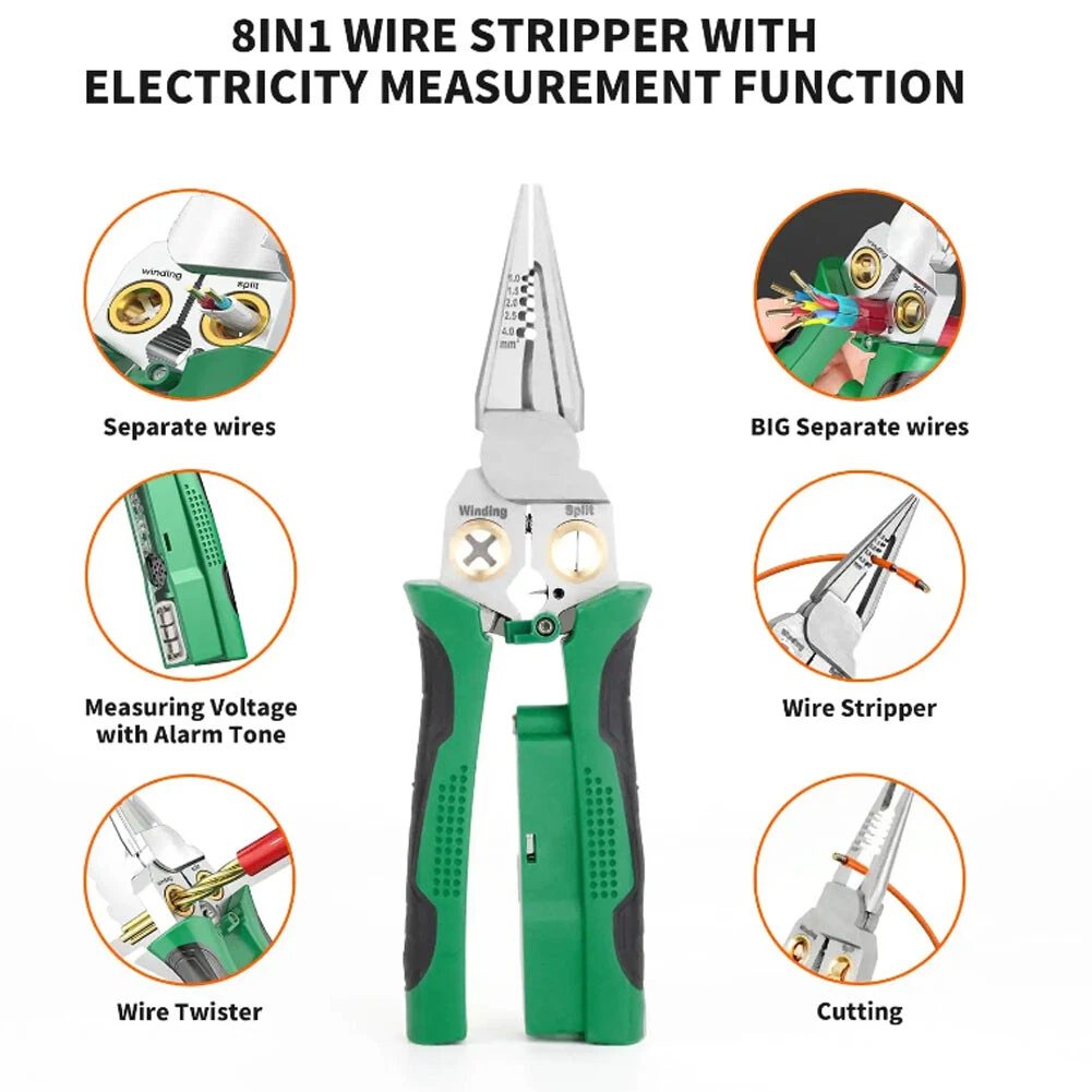 Skanto | 8 i 1 Ledningsstripper Twister for Kutting og Trekking av Ledninger, Kabelsakser, Spenningsmåler Tenger, 12V til 250V Live