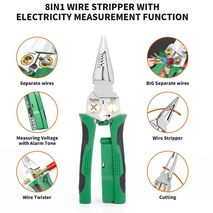 Skanto | 8 i 1 Ledningsstripper Twister for Kutting og Trekking av Ledninger, Kabelsakser, Spenningsmåler Tenger, 12V til 250V Live