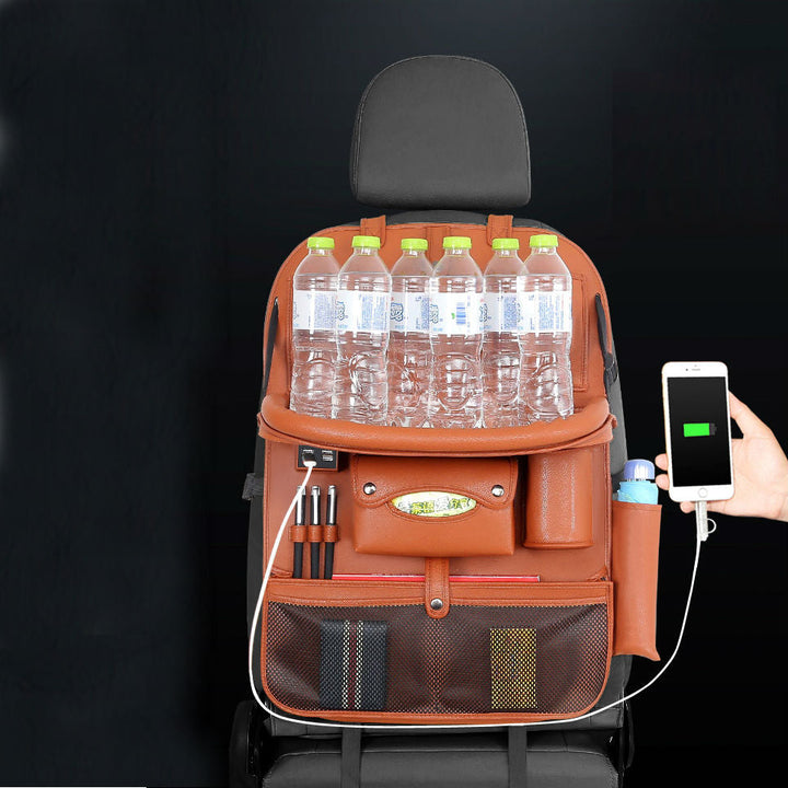 Skanto | Multifunksjonell Bilstolback Stor Kapasitet Lagringspose med 4 USB Ladeporter, Utrekkbar Brett, Tablettholder, Tissue Oppbevaring, Drikkeholder, Stor Lagringspose og Mer