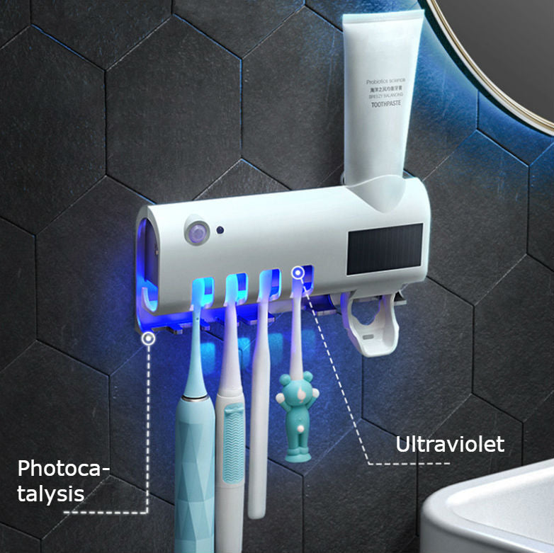 Skanto | Smart Punch-fri UV Sterilisering Tannbørste Sterilisator / Hylle med Automatisk Tannkrem, Soldrevet, Litiumbatteri Oppbevaring, Dobbelt Sterilisering & Automatisk Induksjon