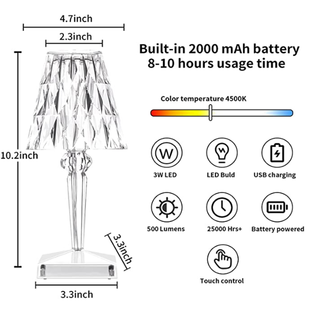 KristalGlow Touch Lampe - Elegant Bordlampe med Berøringssensor og USB | Skanto