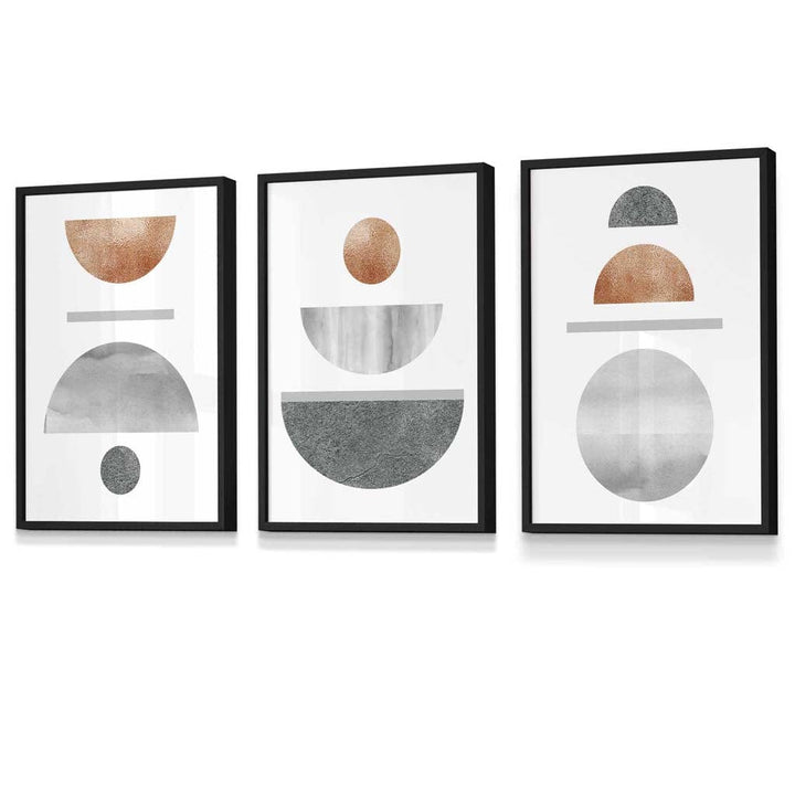 Kobber og grått abstrakt geometrisk design fra midten av århundret, 3-delt innrammet veggkunstsett