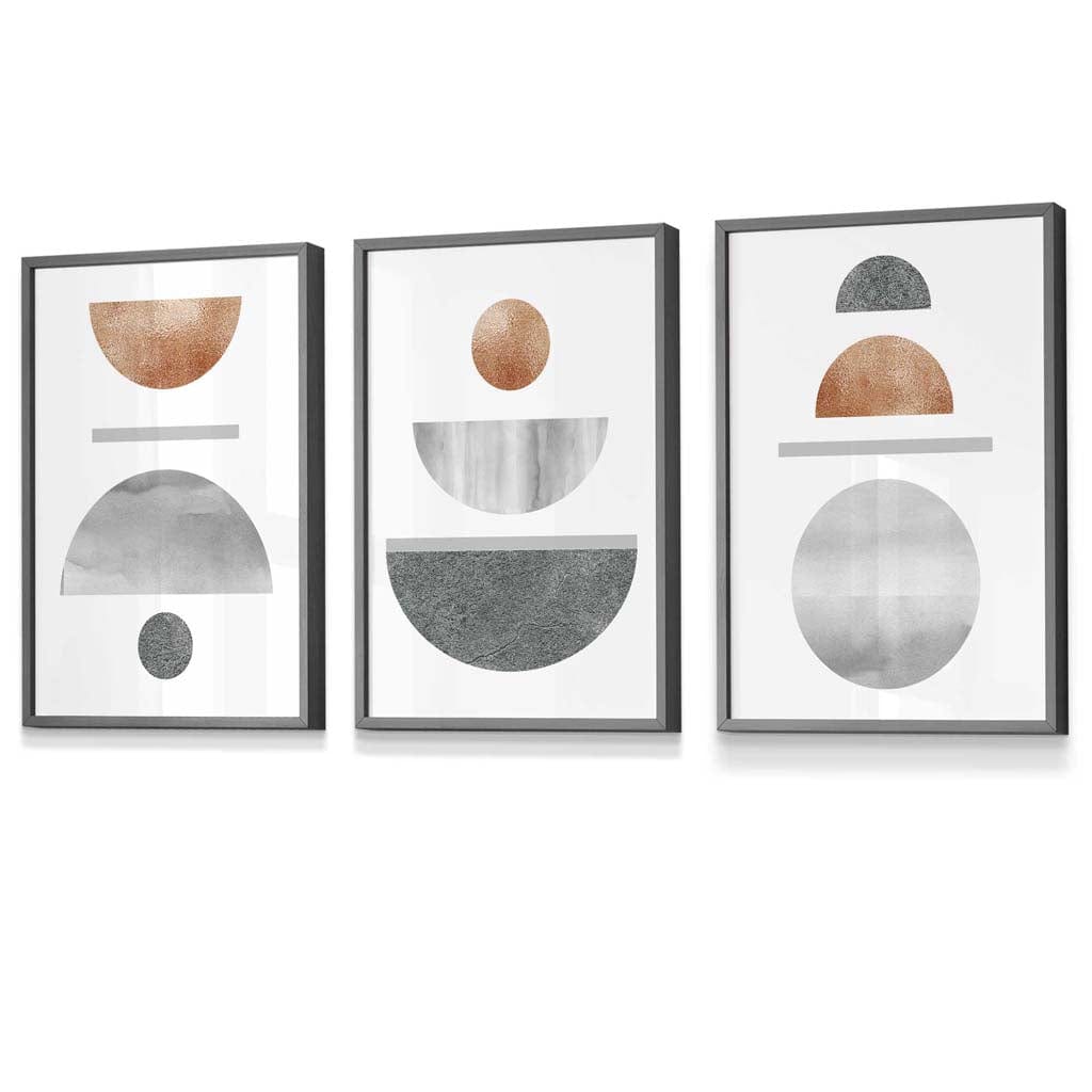 Kobber og grått abstrakt geometrisk design fra midten av århundret, 3-delt innrammet veggkunstsett