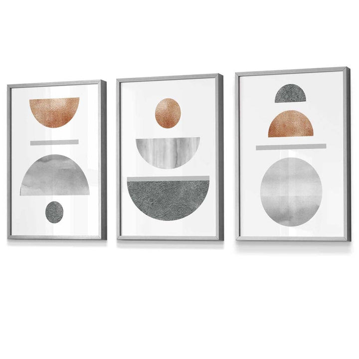 Kobber og grått abstrakt geometrisk design fra midten av århundret, 3-delt innrammet veggkunstsett