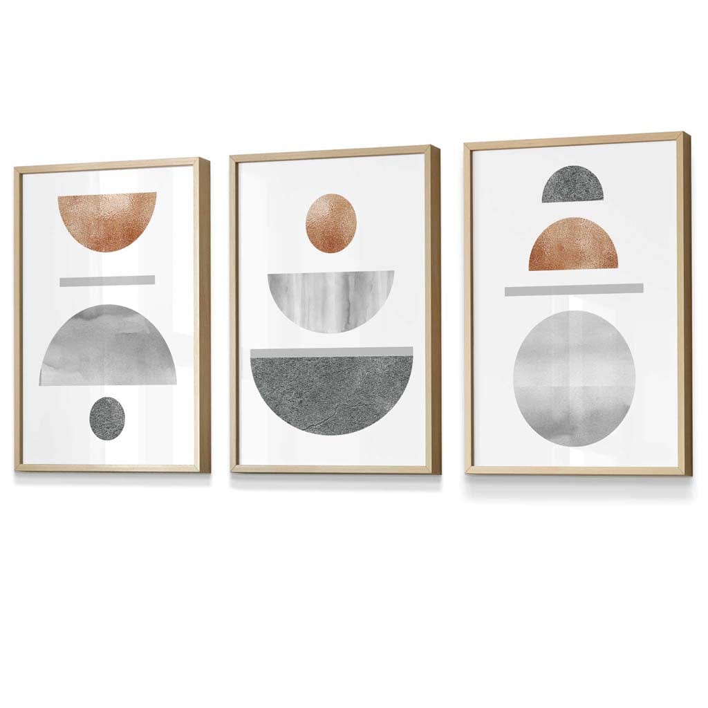 Kobber og grått abstrakt geometrisk design fra midten av århundret, 3-delt innrammet veggkunstsett