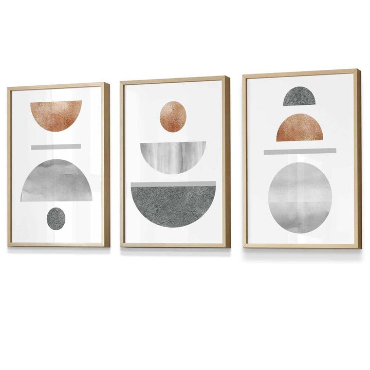 Kobber og grått abstrakt geometrisk design fra midten av århundret, 3-delt innrammet veggkunstsett