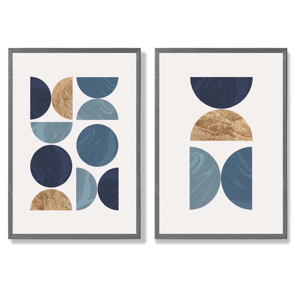 Sett med 2 kunsttrykk i geometrisk mid-century-stil i blått og gull