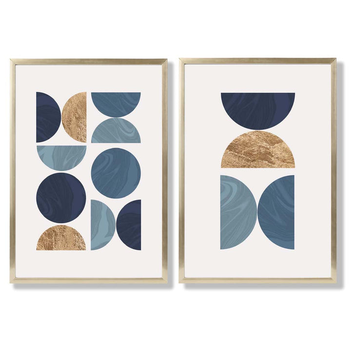 Sett med 2 kunsttrykk i geometrisk mid-century-stil i blått og gull