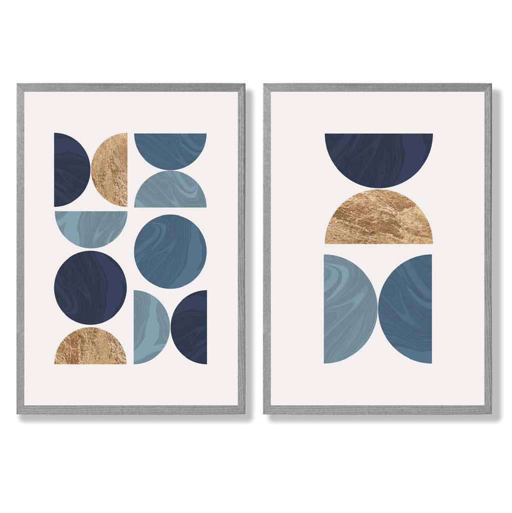 Sett med 2 kunsttrykk i geometrisk mid-century-stil i blått og gull