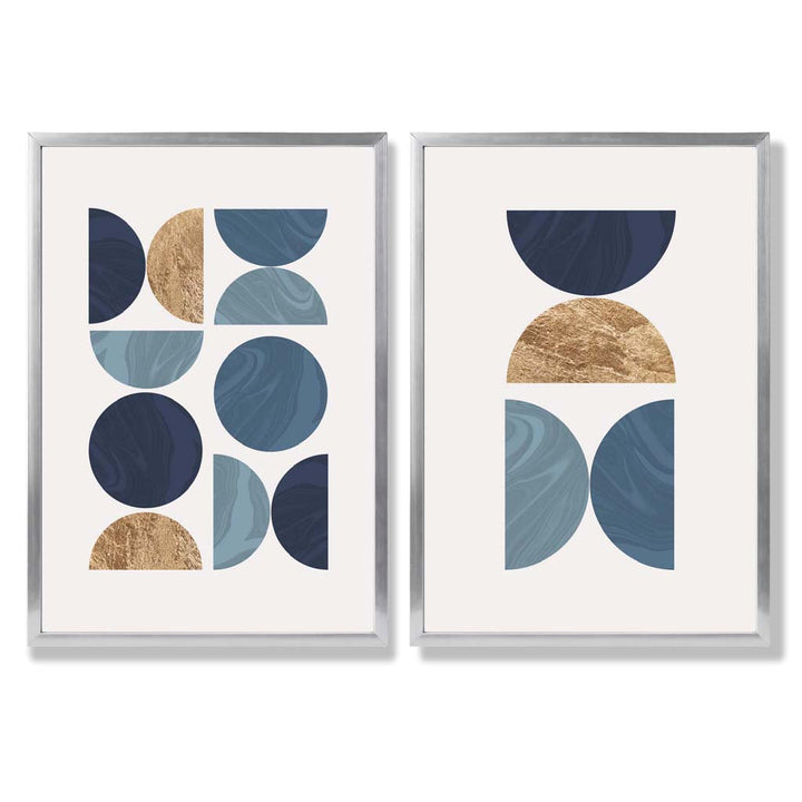Sett med 2 kunsttrykk i geometrisk mid-century-stil i blått og gull