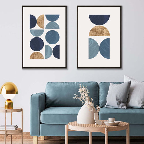 Sett med 2 kunsttrykk i geometrisk mid-century-stil i blått og gull