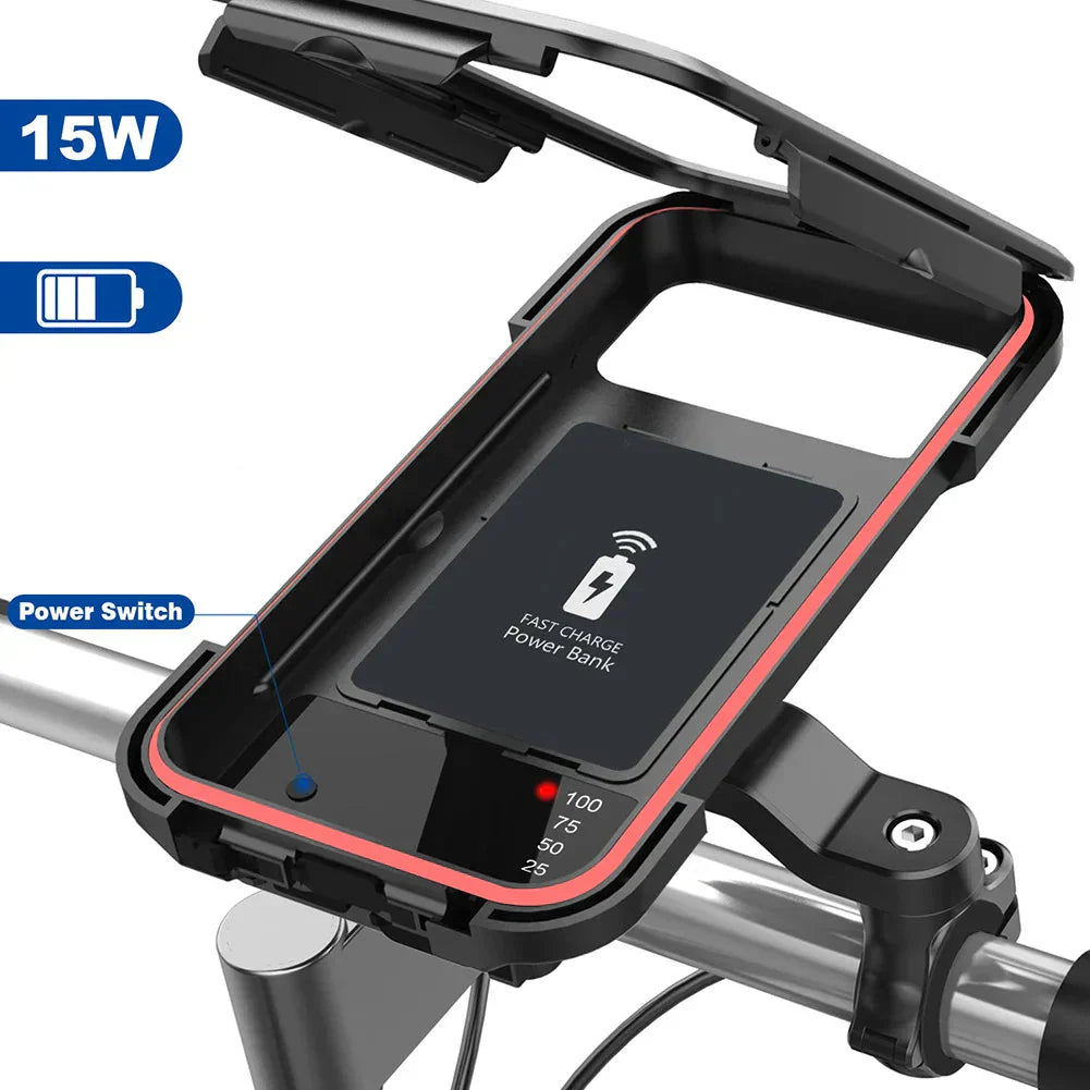 RideCharge Pro – Vanntett telefonholder med USB og 15W trådløs lading for sykkel og el-sykkel | Skanto