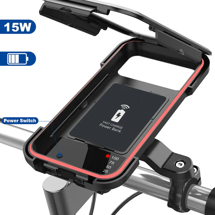 RideCharge Pro – Vanntett telefonholder med USB og 15W trådløs lading for sykkel og el-sykkel | Skanto