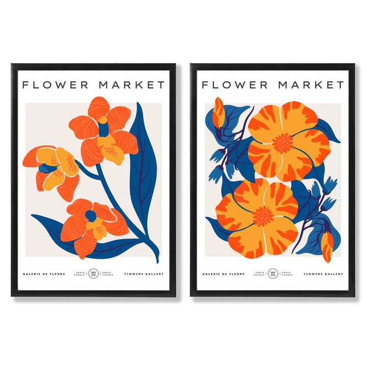 Sett med 2 innrammede kunsttrykk med motivet «Vårblomstermarked» i knalloransje og blått