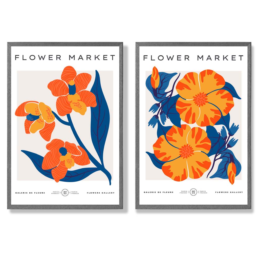 Sett med 2 innrammede kunsttrykk med motivet «Vårblomstermarked» i knalloransje og blått