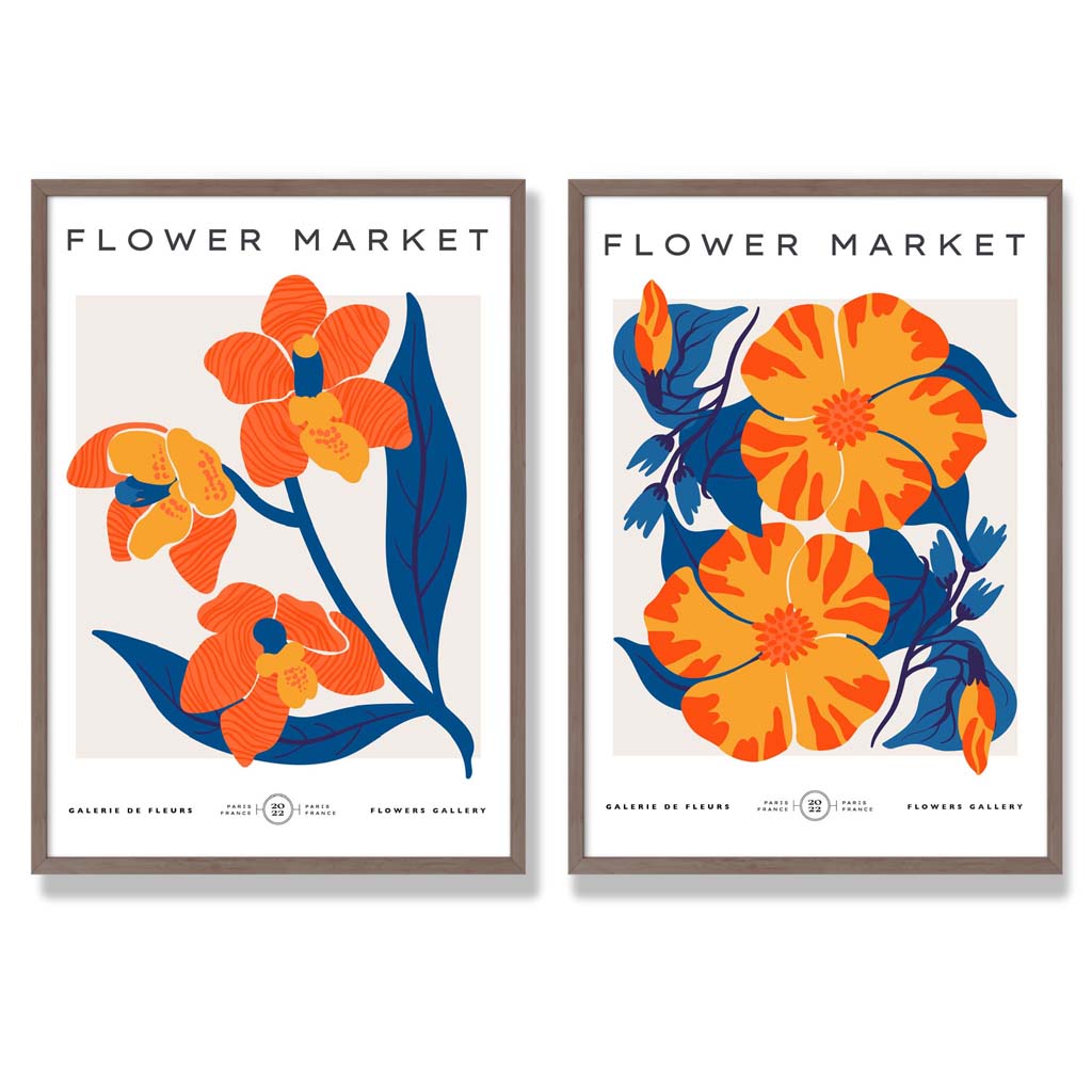 Sett med 2 innrammede kunsttrykk med motivet «Vårblomstermarked» i knalloransje og blått