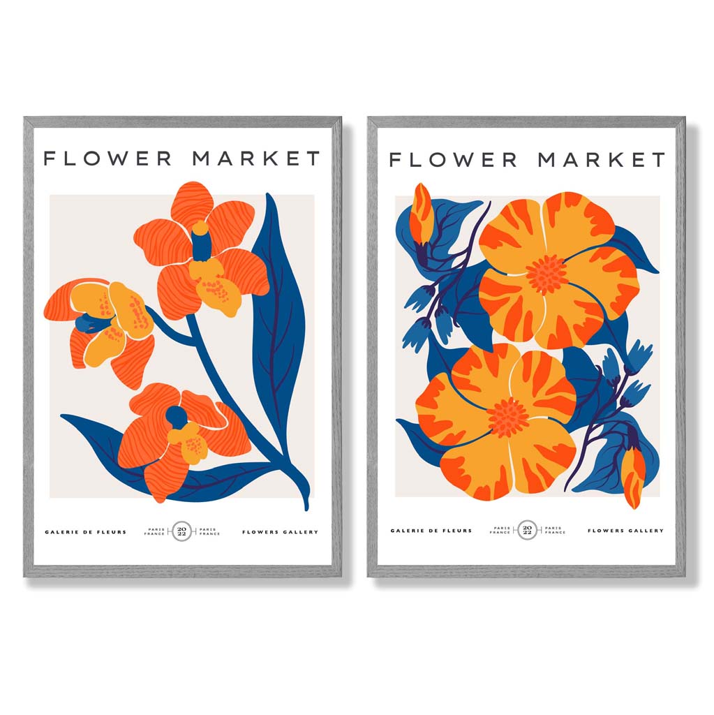 Sett med 2 innrammede kunsttrykk med motivet «Vårblomstermarked» i knalloransje og blått
