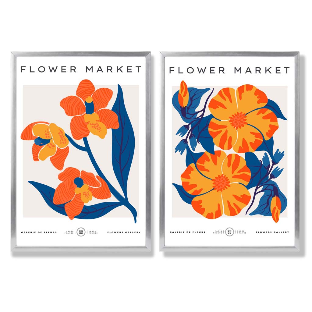 Sett med 2 innrammede kunsttrykk med motivet «Vårblomstermarked» i knalloransje og blått