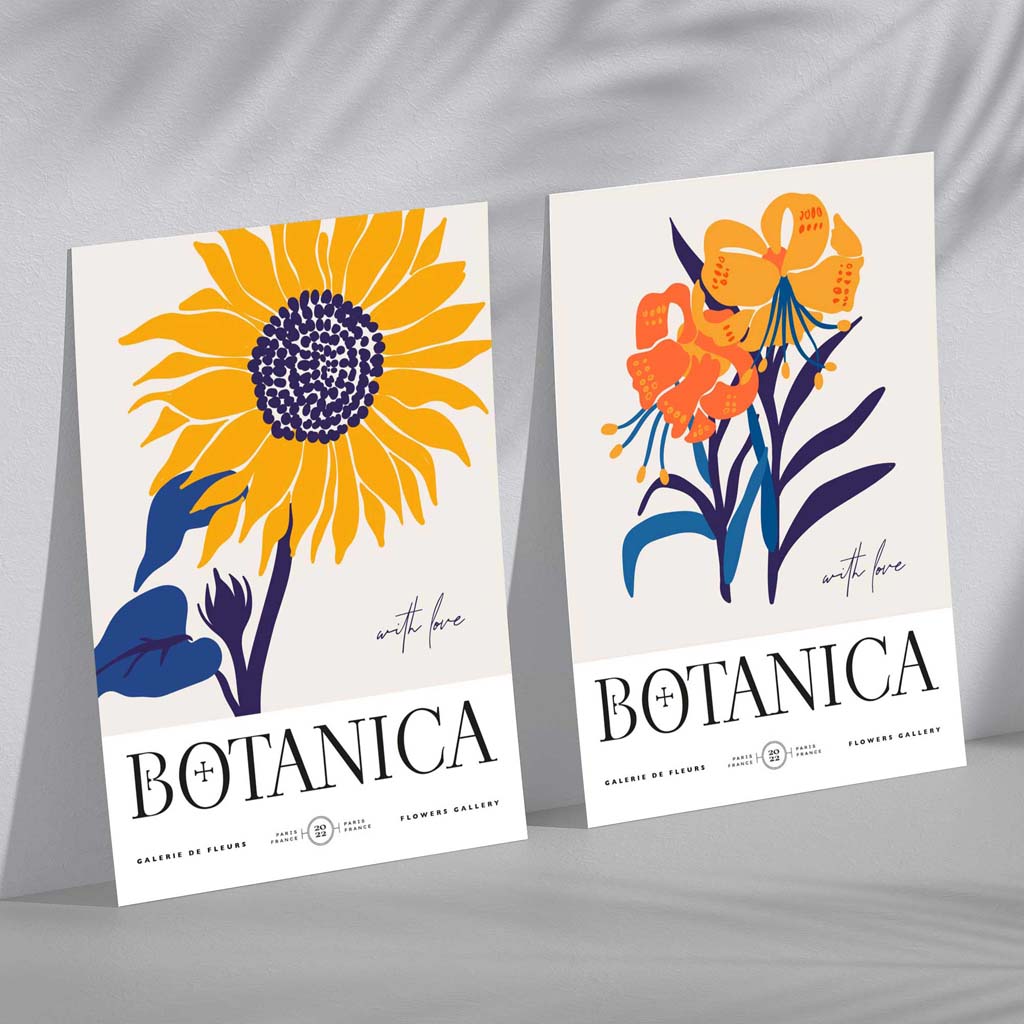 Sommerblomstermarked i blått og gult – innrammet sett med 2 kunsttrykk